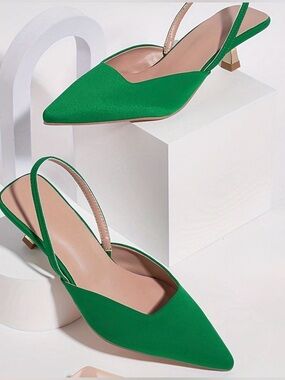 Green Fabric Gold Kitten Heel Slingback Pump Size 10